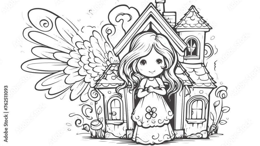 Beautiful angel with little house. Hand drawn image