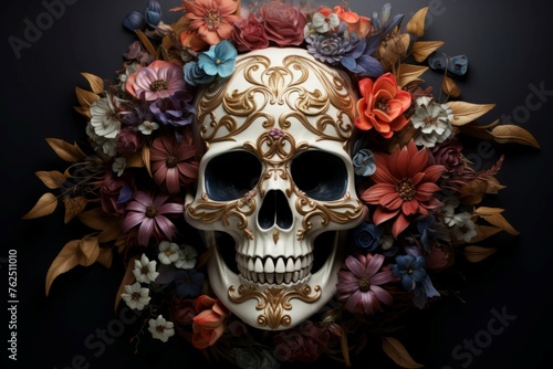 Mysterious Skull mask flowers. Mexico decoration. Generate Ai