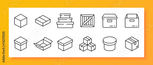 Delivery icon set. Boxes, warehouse, placement, mover, moving, attic, basement, things, cardboard, closet, set. Black icon on a white background. Vector line icon for business and advertising