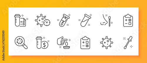 Virus icon set. Chemistry, molecule, test, magnifying glass, search, cotton swab, blood, syringe. Black icon on a white background. Vector line icon for business and advertising