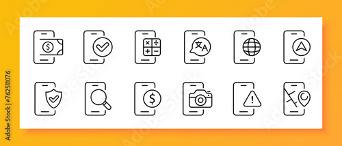 Smartphone icon set. Application, battery, translator, bank, calculator, navigator, search engine, GPS. Black icon on a white background. Vector line icon for business and advertising