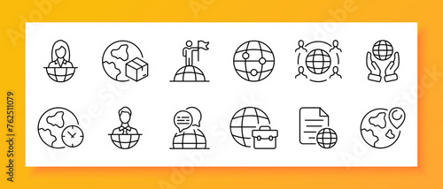 News icon set. International scale, delegation. reporter, interviewer, briefcase, planet, gps mark, flag. Black icon on a white background. Vector line icon for business and advertising
