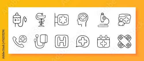 Medicine icon set. Tablet, blister, heart, health, chemistry, pharmaceuticals, liquid soap, antiseptic. Black icon on a white background. Vector line icon for business and advertising