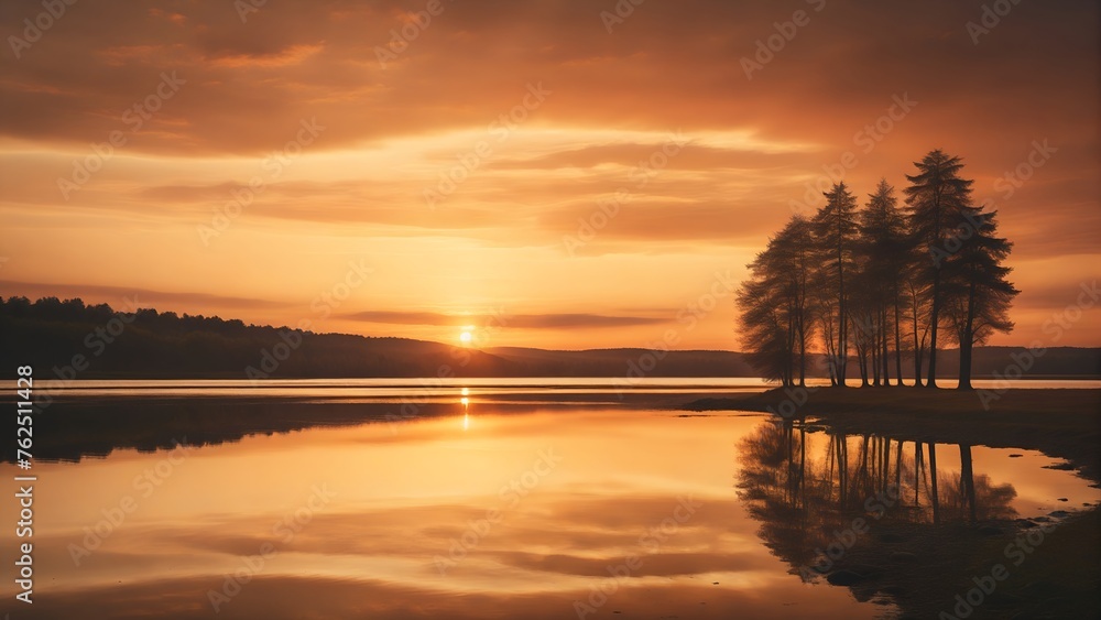 Sunset over lake, outdoor nature landscape photo