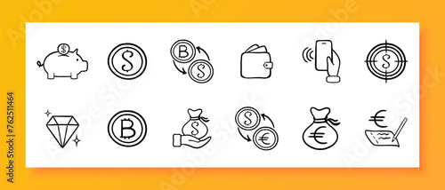Banking icon set. Coins, finance, currency, bank card, dollar, euro, cashback, banknote exchange. Black icon on a white background. Vector line icon for business and advertising