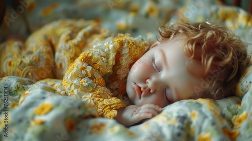 Colorful quilt enveloping a resting person - A heartwarming image of a person resting peacefully under a vibrant, patterned quilt suggesting comfort and relaxation photo