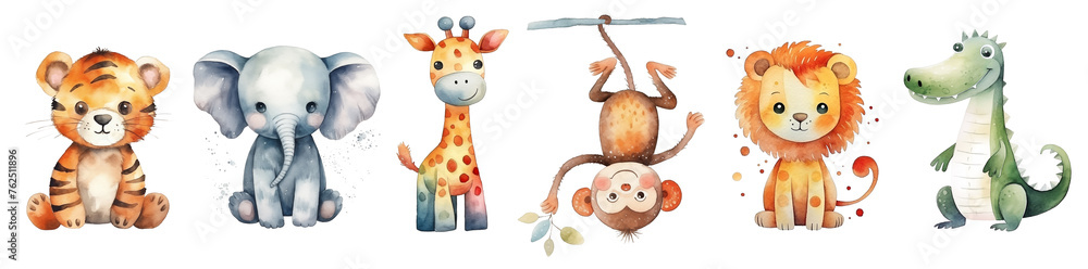 Obraz premium Set of watercolor cute baby african animals isolated on white background.