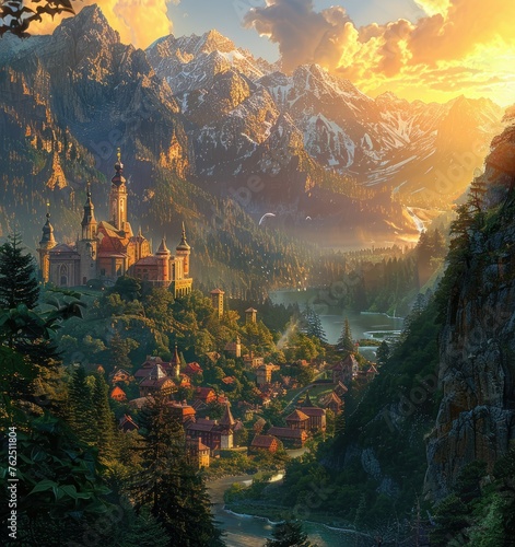 Fantasy castle amidst mountain landscape - A fantastical digital art scene with a grand castle nestled among majestic mountains at sunset
