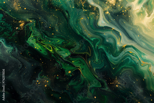 Vivid green and golden swirls with sparkling details in a luxurious marbled texture