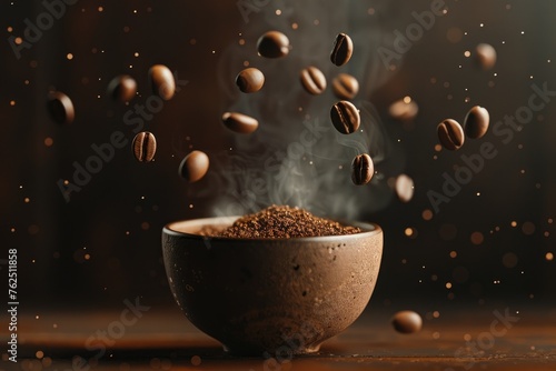 Floating coffee beans over steaming cup - A captivating image of airborne coffee beans above a steaming cup, symbolizing energy and warmth