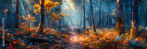 Autumn Forest with Sunlight, Scenic Nature Path, Golden Foliage and Warm Seasonal Light