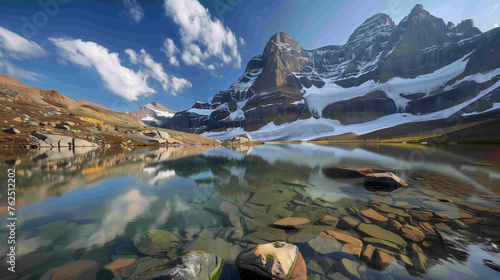 Paisaje montañoso con una laguna de agua cristalina a los pies de una montaña nevada photo