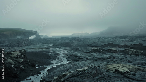 Paisaje volcánico, roca desnuda y niebla densa photo