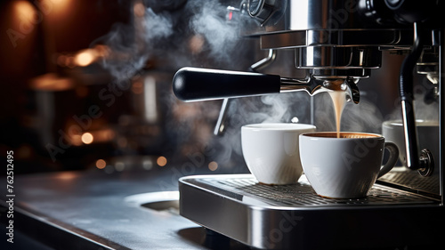 stainless steel coffee machine hums with life as steam billows from its spout photo