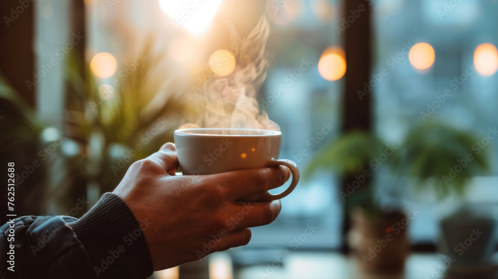 Close-up of hands holding a steaming espresso cup focused on the cup with a blurred background of a rustic cafe Close-up of hands holding a steaming espresso cup focused on the cup with a blurred background of a rustic cafe