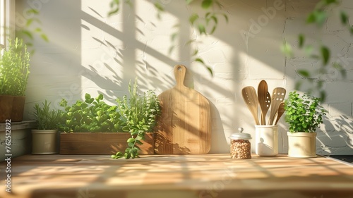 Sunny kitchen corner with fresh herbs and wooden utensils on counter