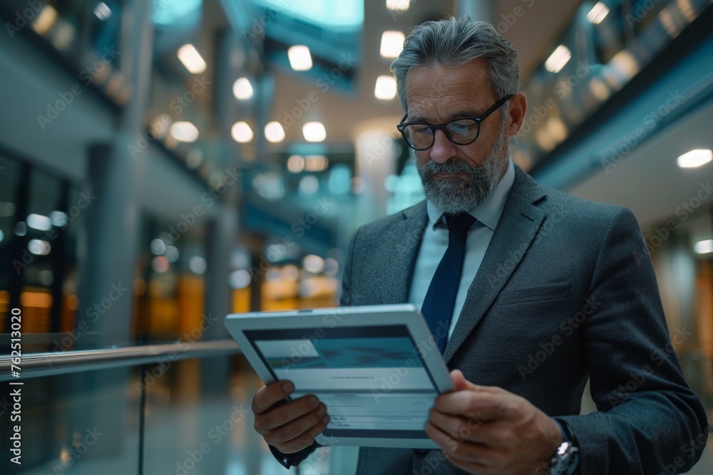 A businessman in a sleek suit and tie is engrossed in viewing insurance options on a digital tablet. A businessman in a sleek suit and tie is engrossed in viewing insurance options on a digital tablet.