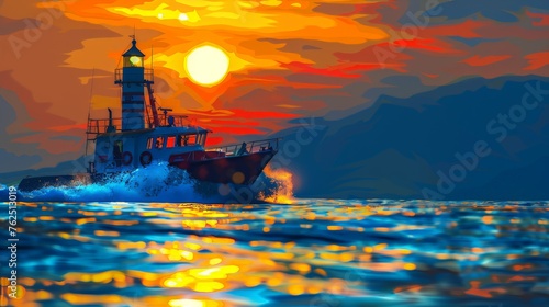 light house, sunset, night time, ocean, small boat, lights on 