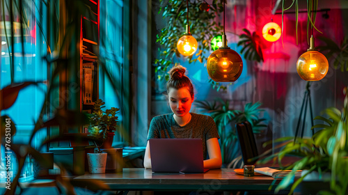 Arbeitsplätze der Zukunft. Eine Frau arbeitet am Laptop in einer harmonischen Atmosphäre umgeben von Pflanzen und Licht.
