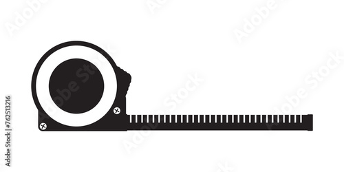 Construction measuring tape tool icon in black. Retractable steel measuring tape with metric measurements. Monochrome design