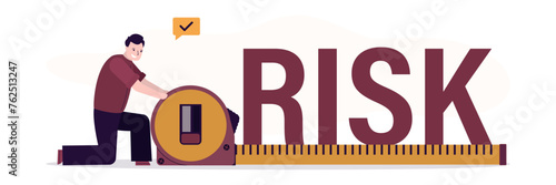 Smart businessman using measuring tape to measure and analyze risk. Investor with roulette measures giant word. Business metaphor. Danger control, risk management.