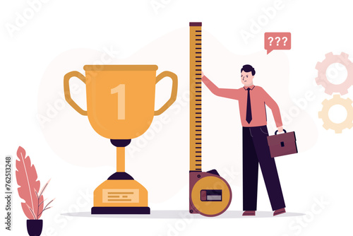 Unhappy businessman winner using measuring tape to measure the height of trophy. Small prize fund, insufficient payout per win. Low level of prize money.