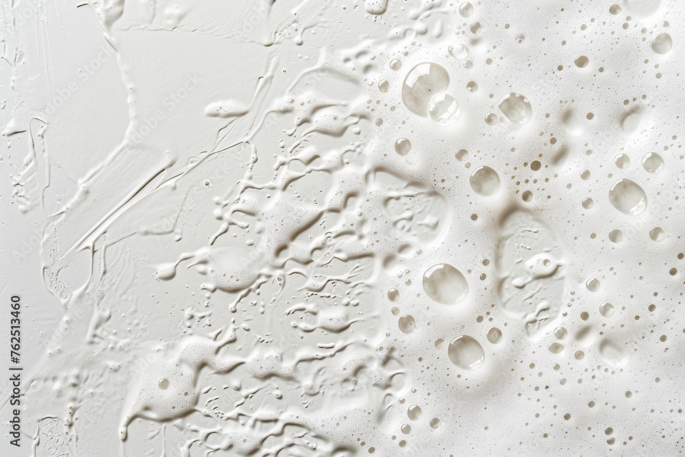 Foam texture on a white base with traces of soap and shower water. Top view. Horizontal composition. Foam texture on a white base with traces of soap and shower water. Top view. Horizontal composition.