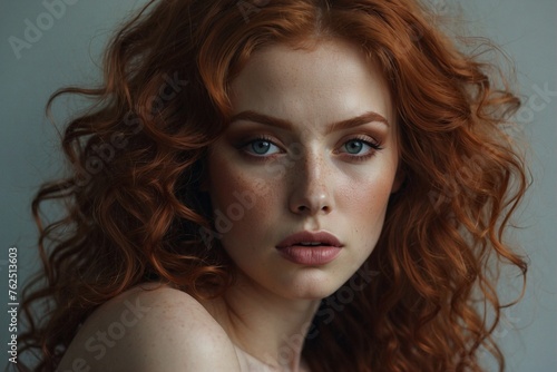 Beautiful Woman with Red Hair: Perfect Makeup and Seductive Facial Features