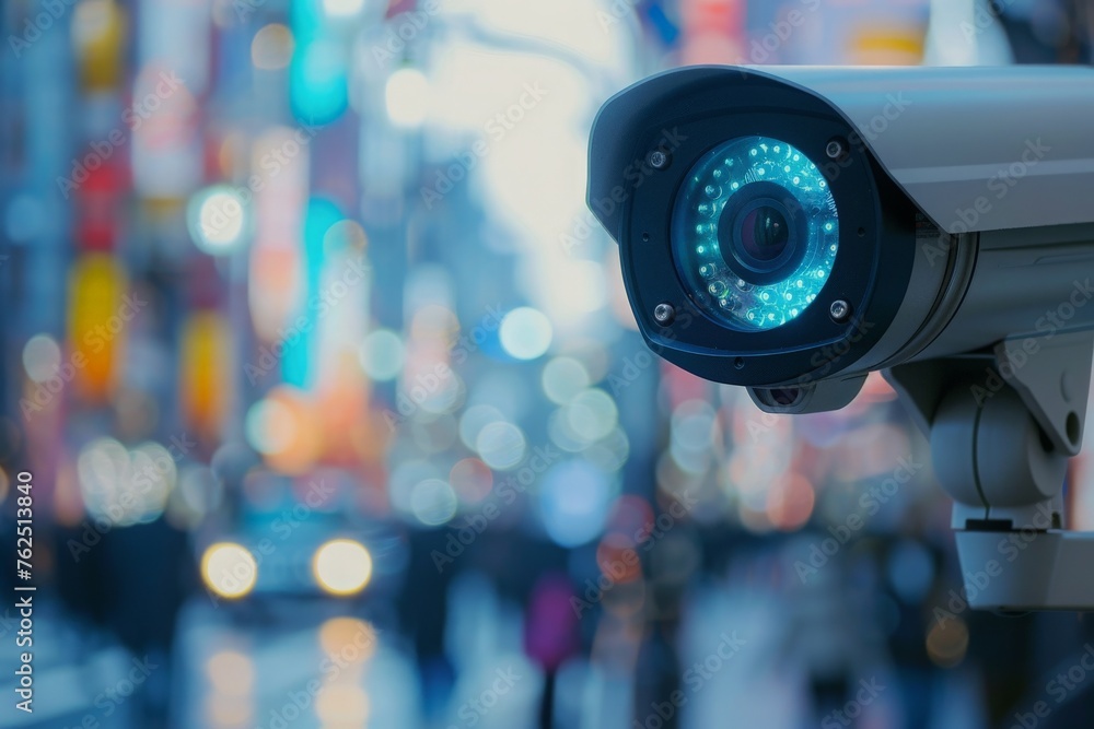 A close-up view of a high-tech surveillance camera, with a colorful, blurry city background at dusk. A close-up view of a high-tech surveillance camera, with a colorful, blurry city background at dusk.