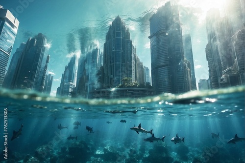 Underwater Business Center: Sharks among Flooded City Streets under Sun Rays