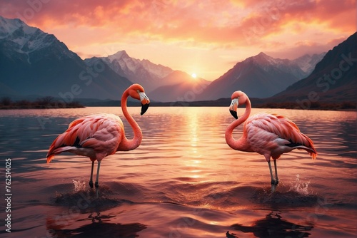 Flamingos at Sunset: Bird Silhouettes in Water by Colorful Sunset near Mountains photo