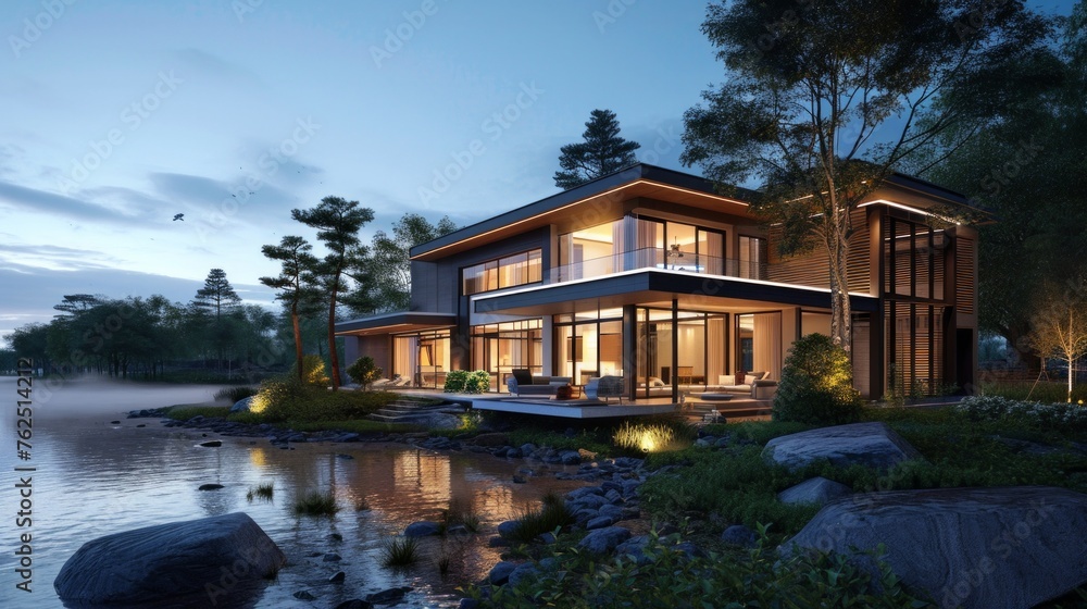 illuminated modern wooden office building at night illuminated modern wooden office building at night