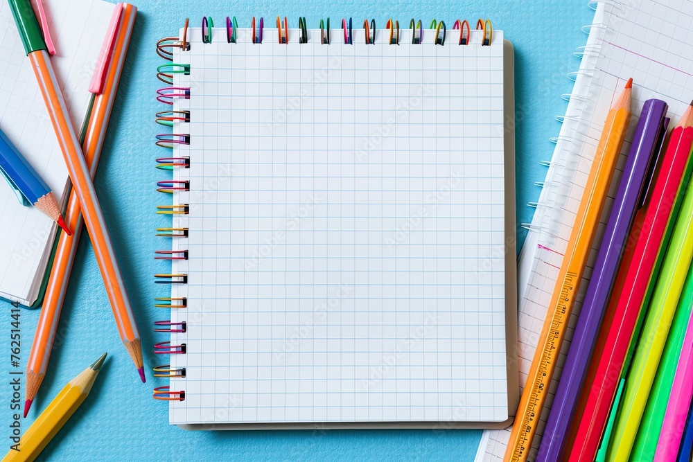 Back to School Essentials. Notebook, Pencils, Pens, and Colorful Markers. Top View of Children's Desk, Representing School Supplies in Vibrant Colors. Back to School Essentials. Notebook, Pencils, Pens, and Colorful Markers. Top View of Children's Desk, Representing School Supplies in Vibrant Colors.