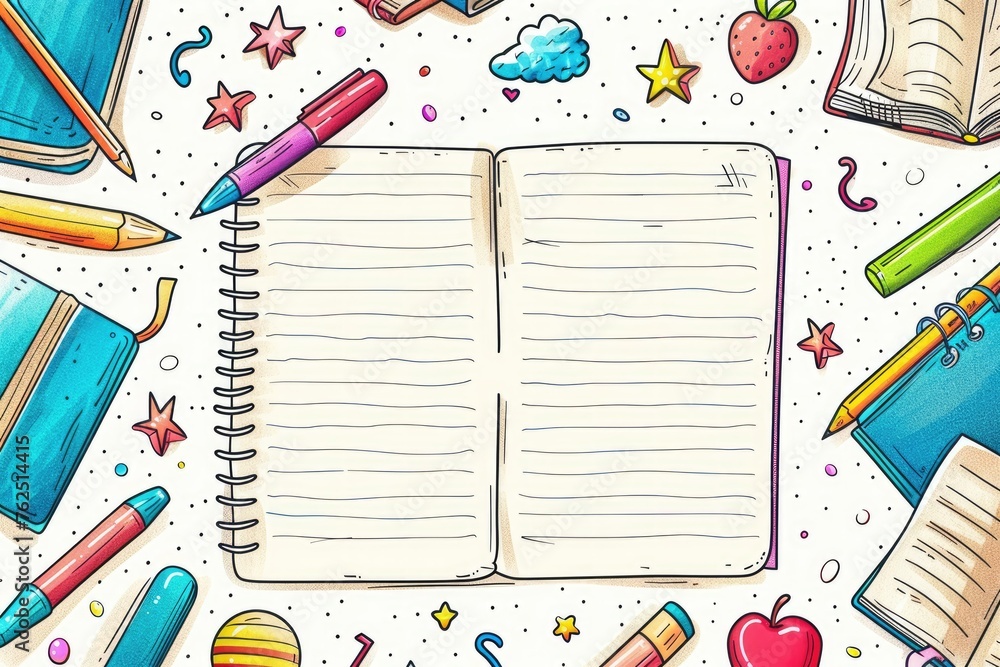 Back to School Background. Open Kids Notebook Page, Paper, Diary, Pen, Eraser, with Colorful Pencil Cartoon Art Illustrations Frame Template for Cards, Notes, Stickers, Copy Space Back to School Background. Open Kids Notebook Page, Paper, Diary, Pen, Eraser, with Colorful Pencil Cartoon Art Illustrations Frame Template for Cards, Notes, Stickers, Copy Space