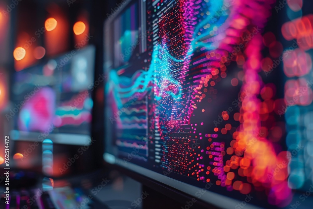 A computer screen close-up with vibrant visuals, surrounded by blurry lights in the background.