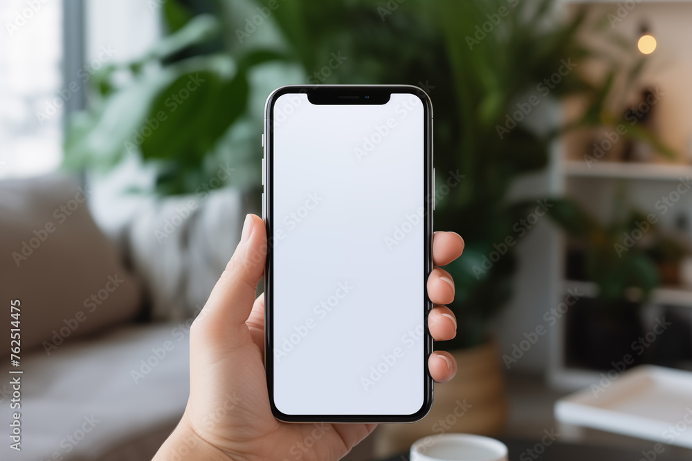 hand holding phone with isolated screen in room house. cell phone blank white screen mockup. hand holding phone with isolated screen in room house. cell phone blank white screen mockup.