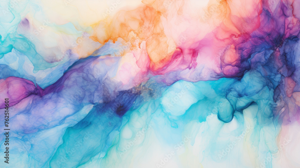 A painting of a colorful swirl with blue, pink, and yellow colors. The painting has a dreamy, whimsical feel to it