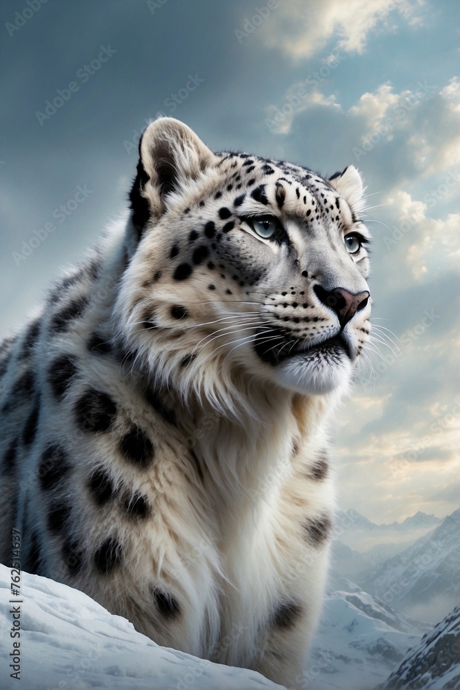 Snow Leopard Sitting on Top of Cloudy Sky, Long Wavy Fur. Snow Leopard Sitting on Top of Cloudy Sky, Long Wavy Fur.