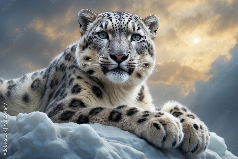 Obraz premium Snow Leopard Sitting on Top of Cloudy Sky, Long Wavy Fur.