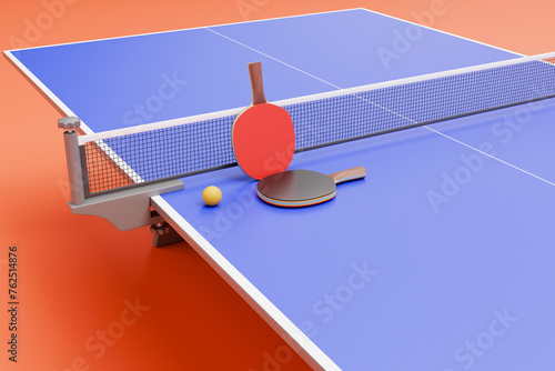 Two rackets for table tennis, ping pong and a ball on a table with a net. 3d rendering