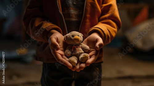 Hands of a child holding a toy in a temporary shelter