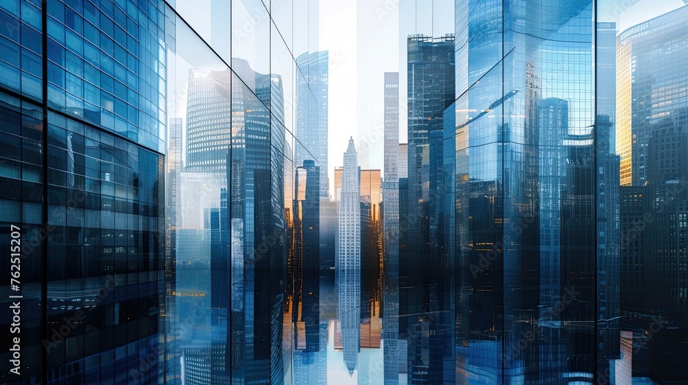 Skyscrapers, tall buildings, glass, glazing, city, urbanism, sun rays, high rise buildings, office buildings, urban ecosystem. Beauty and grandeur of modern architecture concept. Generative by AI