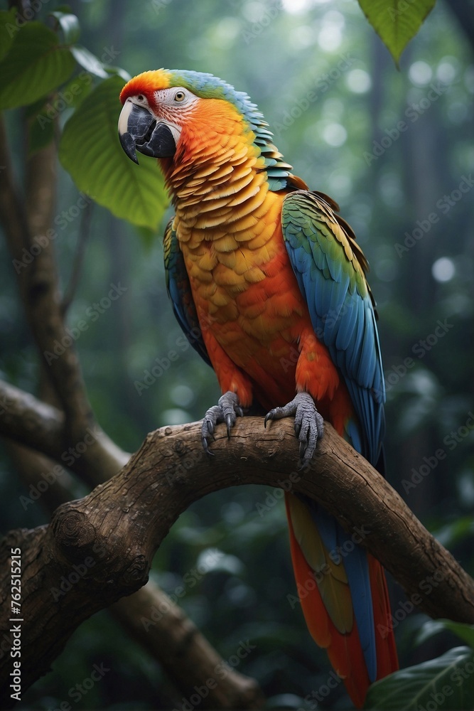 Colorful Parrot on a Tree Branch in the Jungle