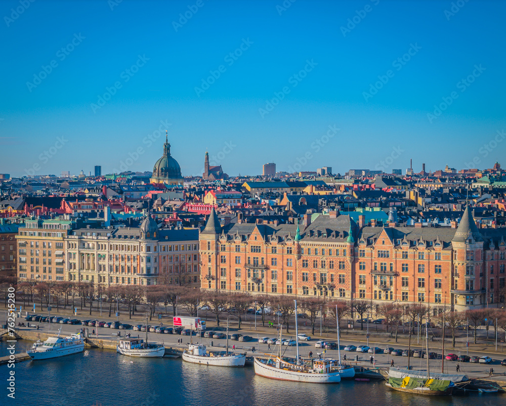 Obraz premium Stockholm old town - Ostermalm, next to Gamla stan. Aerial view of Sweden capital. Drone top panorama photo