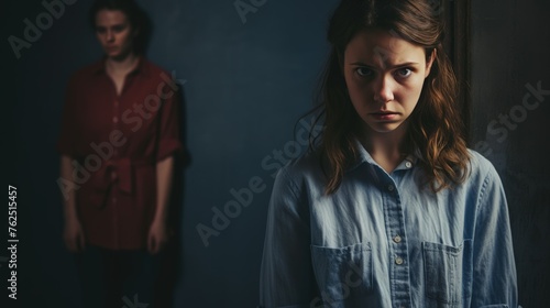 Embarrassment on the face of a young woman standing over an isolated background.