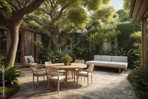 Courtyard with a Tiny House under a Tropical Tree