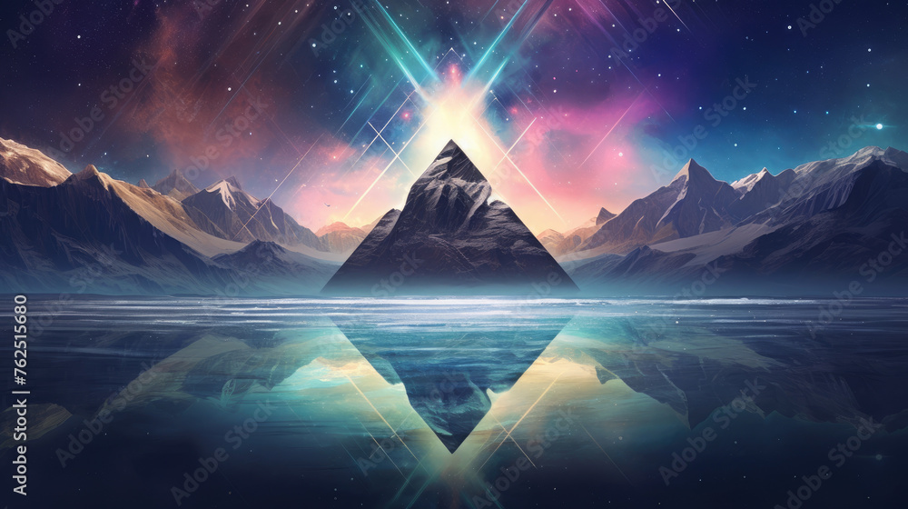 A mountain range with a pyramid in the middle. The pyramid is surrounded by a rainbow and stars