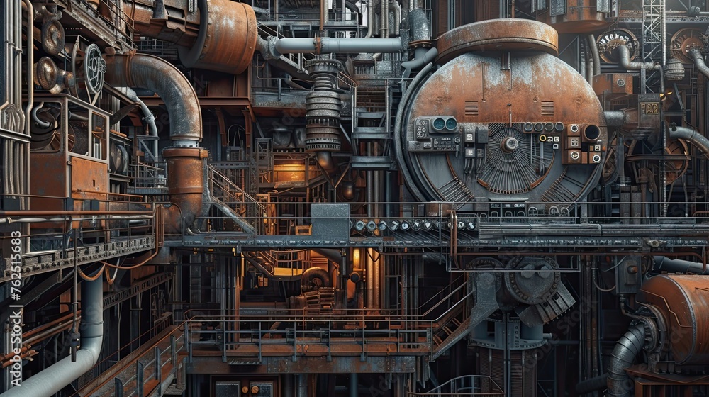 Factory, industrial illustration, metal, steel, realistic style, work environment, modernism, futurism, rust, pipes, mechanisms, details. Self replicating AI concept. Generative by AI