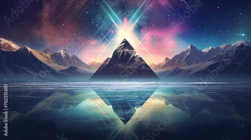 A mountain range with a pyramid in the middle. The pyramid is surrounded by a rainbow and stars