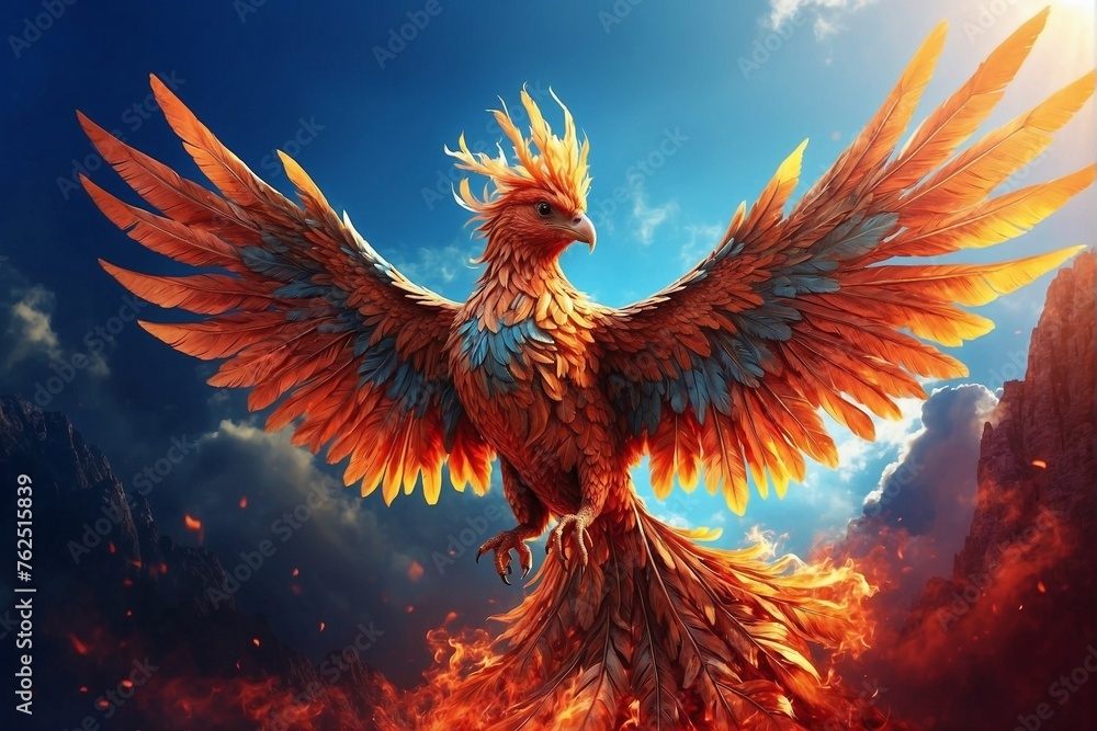 Obraz premium Flying phoenix bird in fantasy style. Phoenix in bright sunlight